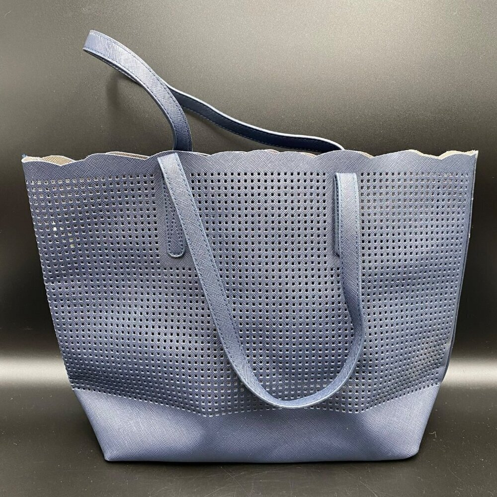 Neiman Marcus Navy Blue Laser Cut Faux Leather Tote